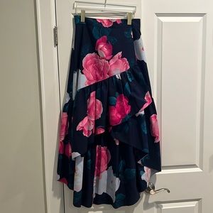 NEW ELIZA J Navy Blue Pink Floral Print Ruffle High Low Taffeta Skirt